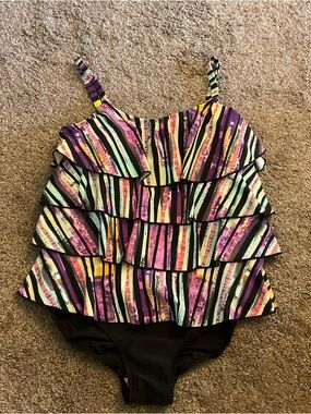 Ceeb Multi Color Striped Ruffle One Piece Swimsuit 18